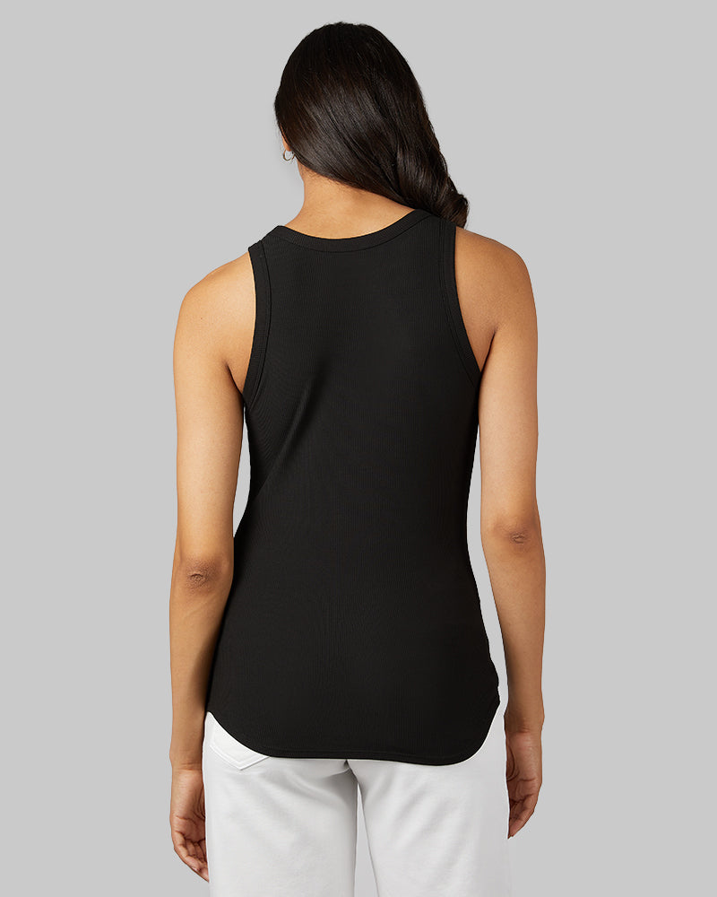 32 Degrees Black _ Women's soft Rib High Neck Tank {model: Jess is 5'11"and size 4 wearing size S}{bottom}{right} {bottom}{right}