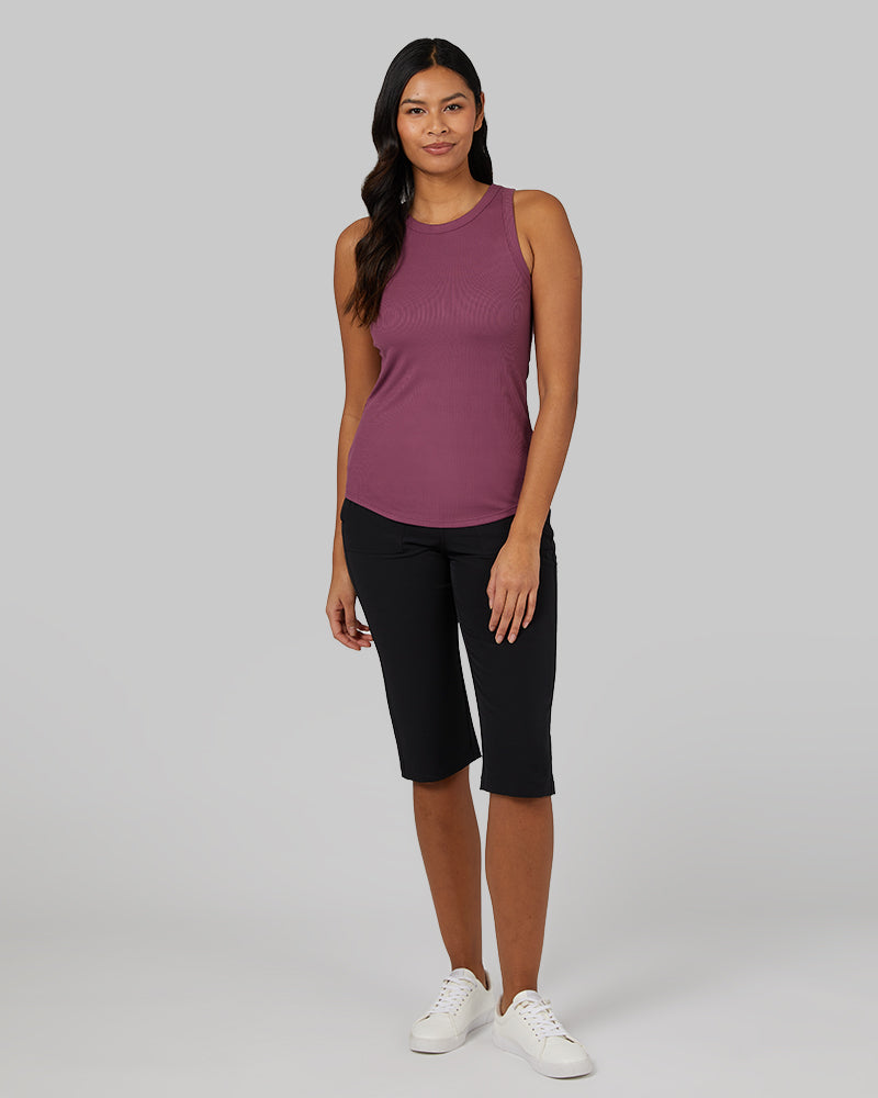 32 Degrees Damson _ Women's soft Rib High Neck Tank {model: Victoria is 5'10"and size 4-6, wearing size S}{bottom}{right} {bottom}{right}