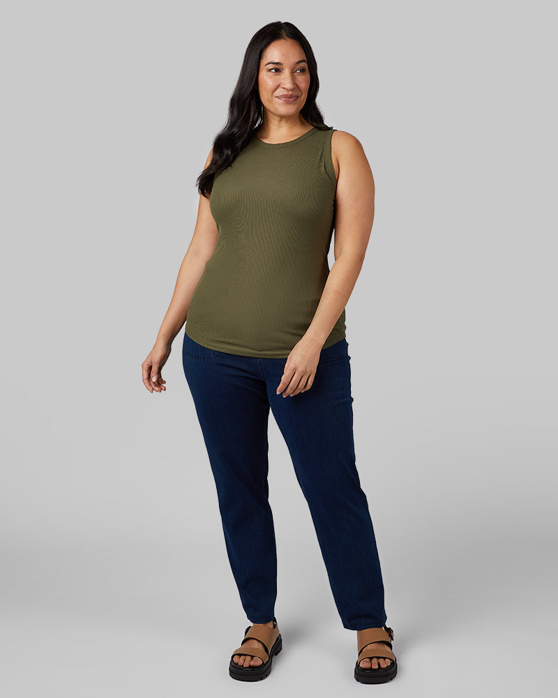 32 Degrees Olive Scent _ Women's soft Rib High Neck Tank {model: Amanda is 5'8"and size 14, wearing size L}{bottom}{right} {bottom}{right}