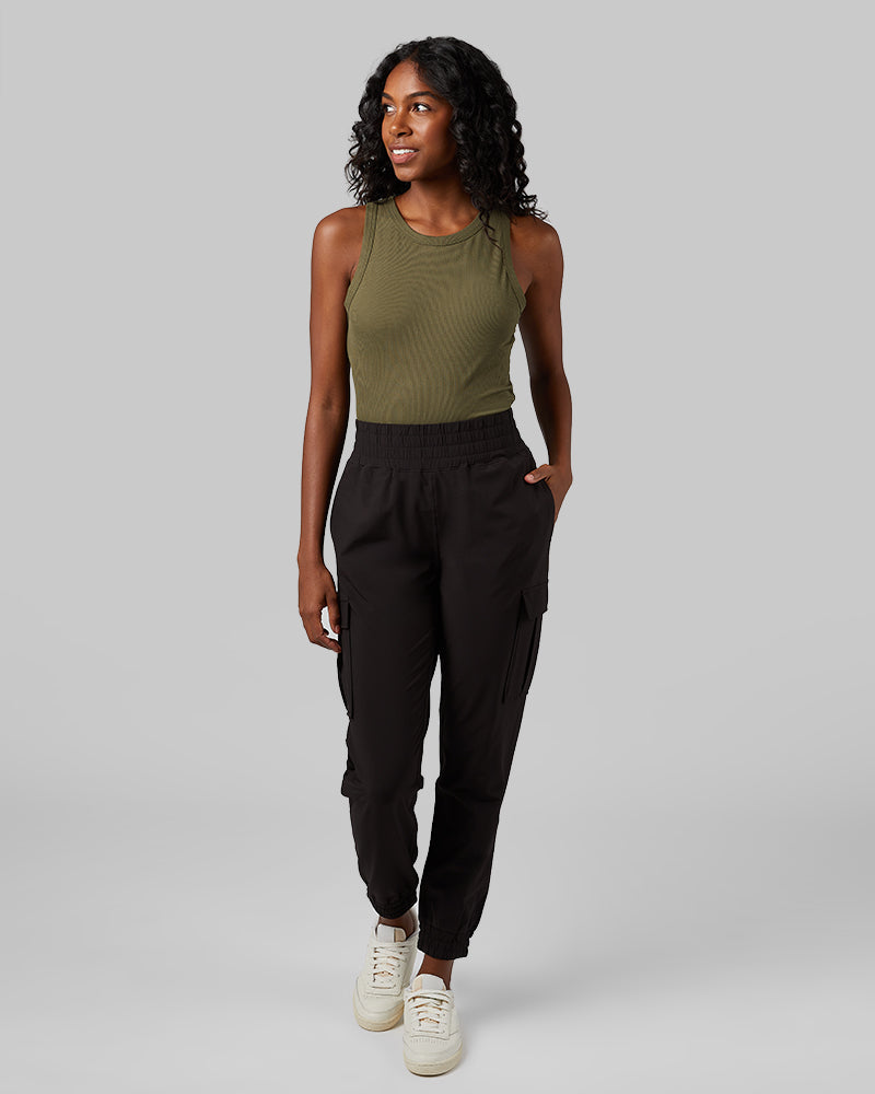 32 Degrees Olive Scent _ Women's soft Rib High Neck Tank {model: Autumn is 5'7"and size 4, wearing size S}{bottom}{right} {bottom}{right}