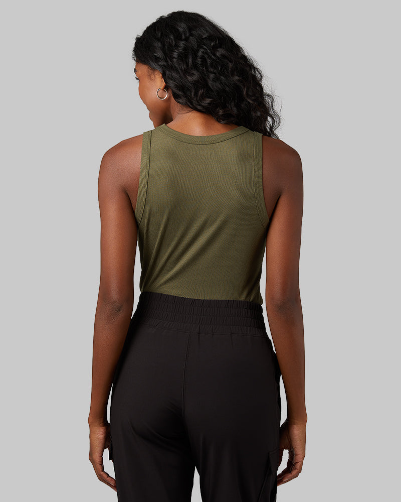 32 Degrees Olive Scent _ Women's soft Rib High Neck Tank {model: Autumn is 5'7"and size 4, wearing size S}{bottom}{right} {bottom}{right}