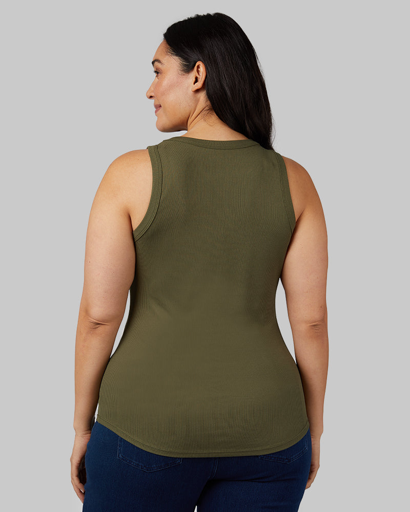 32 Degrees Olive Scent _ Women's soft Rib High Neck Tank {model: Amanda is 5'8"and size 14, wearing size L}{bottom}{right} {bottom}{right}