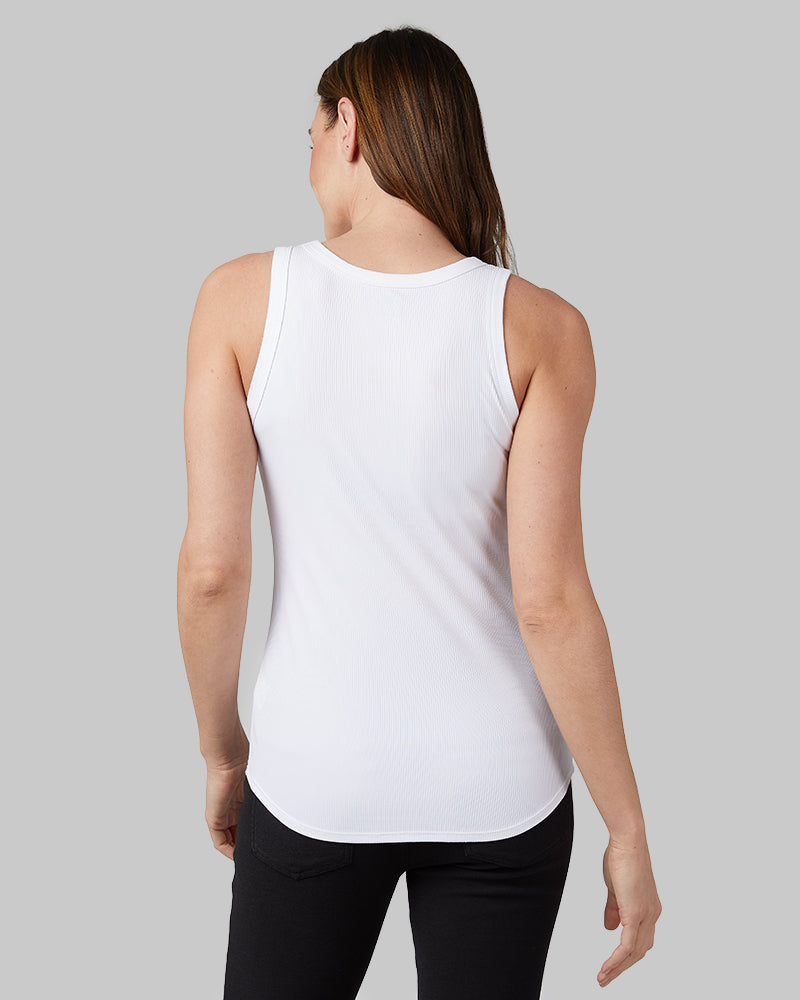 32 Degrees White _ Women's soft Rib High Neck Tank {model: Emily is 5'9"and size 4 wearing size S}{bottom}{right} {bottom}{right}