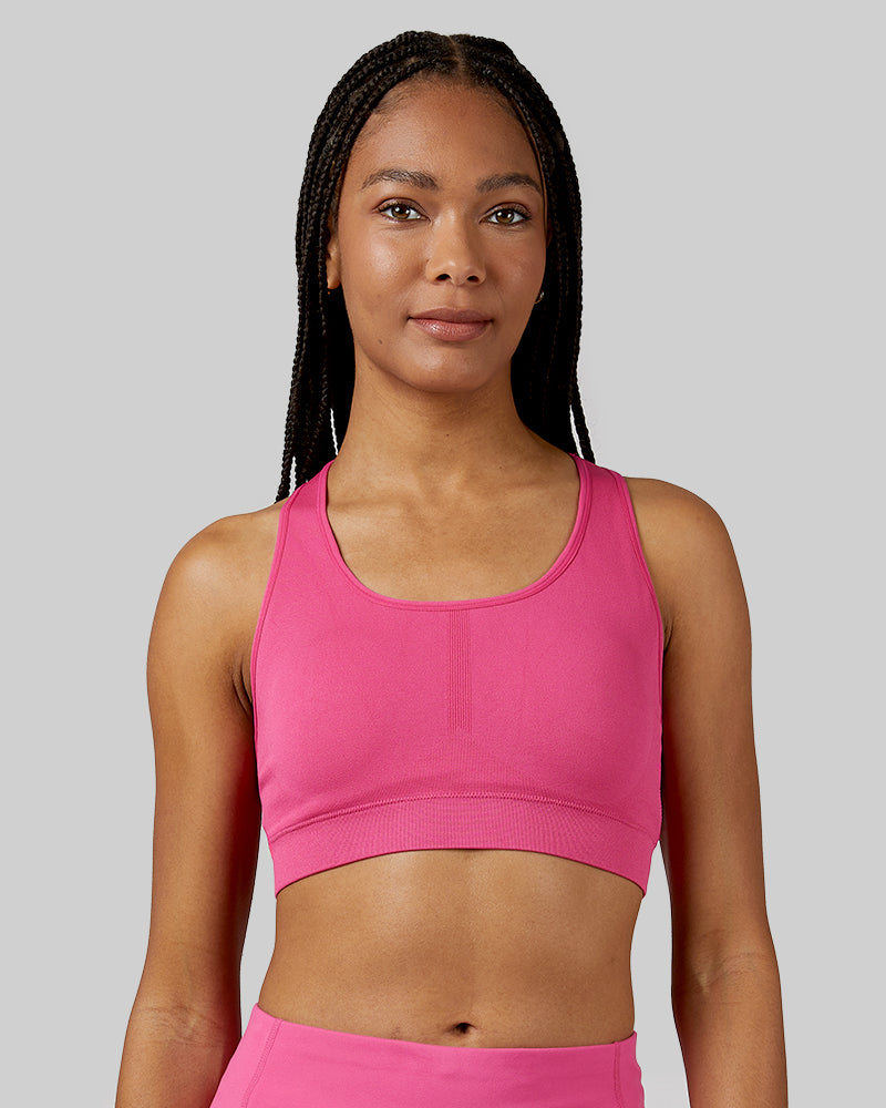 32 Degrees Raspberry Rose _ Women's Seamless Racerback Sports Bra {model: Dido is 5'9"and size 4, wearing size S}{bottom}{right} {bottom}{right}