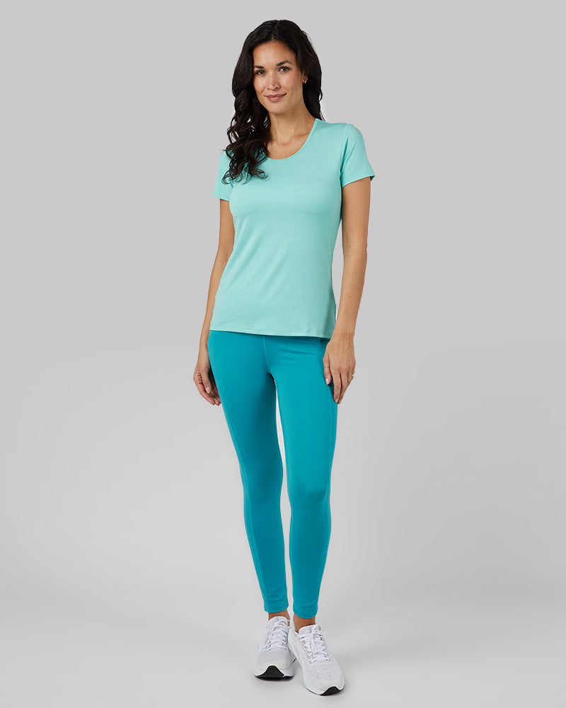 32 Degrees Blue Radiance Heather _ Women's Cool Fitted T-shirt {model: Scarlett is 5'10"and size 4 wearing size S}{bottom}{right} {bottom}{right}