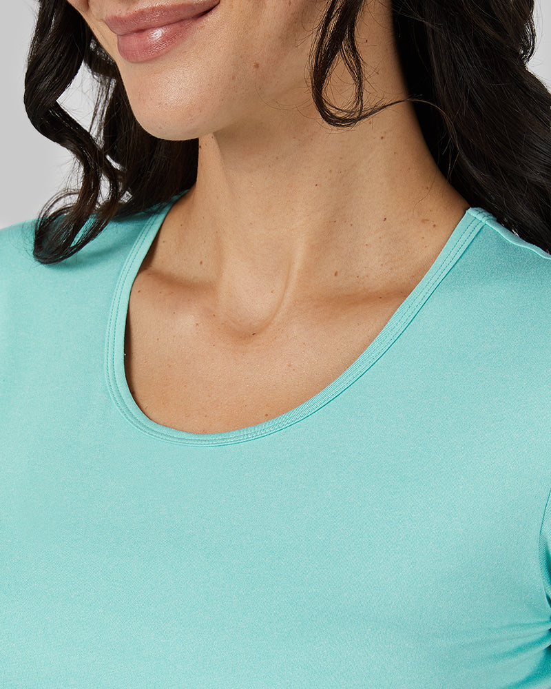 32 Degrees Blue Radiance Heather _ Women's Cool Fitted T-shirt {model: Scarlett is 5'10"and size 4 wearing size S}{bottom}{right} {bottom}{right}