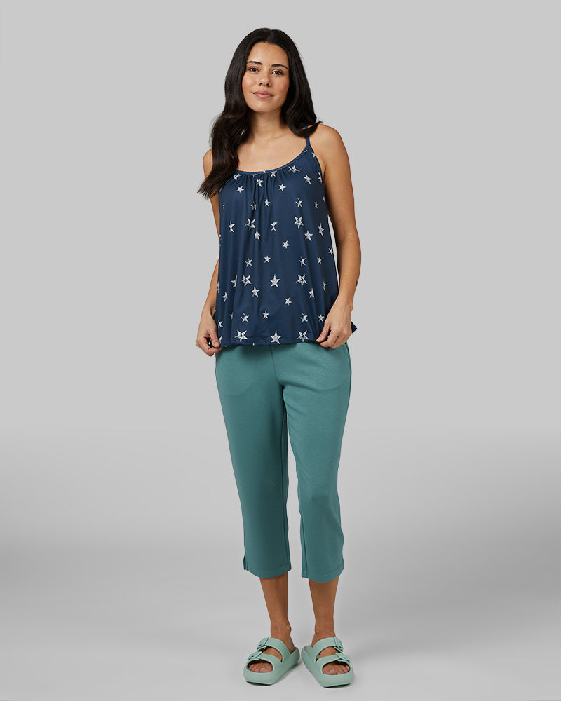 32 Degrees Midnight Navy Star _ Women's Cool Printed Flowy Bra Cami {model: Hali is 5'9"and size 4 wearing size S}{bottom}{right} {bottom}{right}