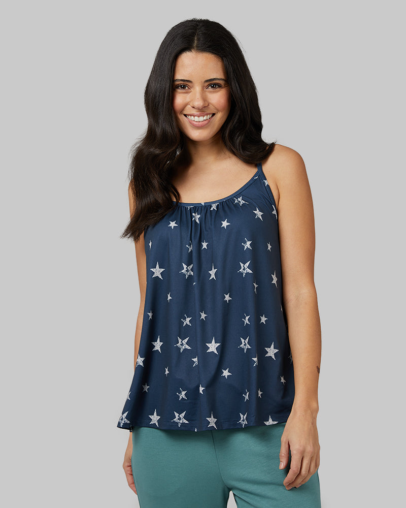 32 Degrees Midnight Navy Star _ Women's Cool Printed Flowy Bra Cami {model: Hali is 5'9"and size 4 wearing size S}{bottom}{right} {bottom}{right}