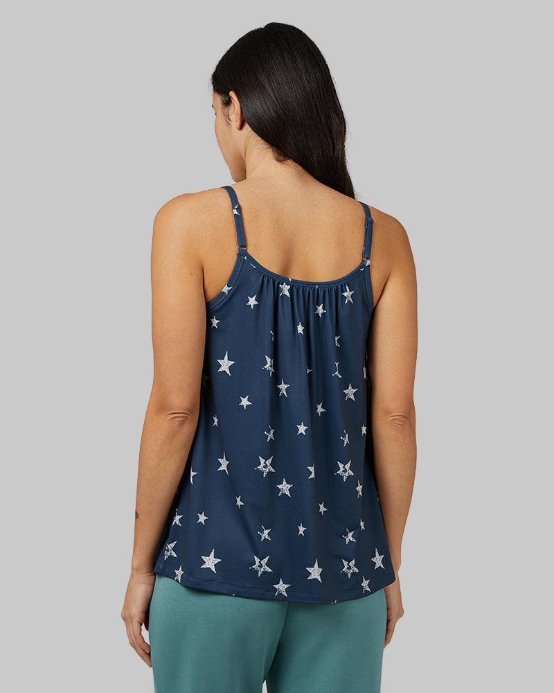 32 Degrees Midnight Navy Star _ Women's Cool Printed Flowy Bra Cami {model: Hali is 5'9"and size 4 wearing size S}{bottom}{right} {bottom}{right}