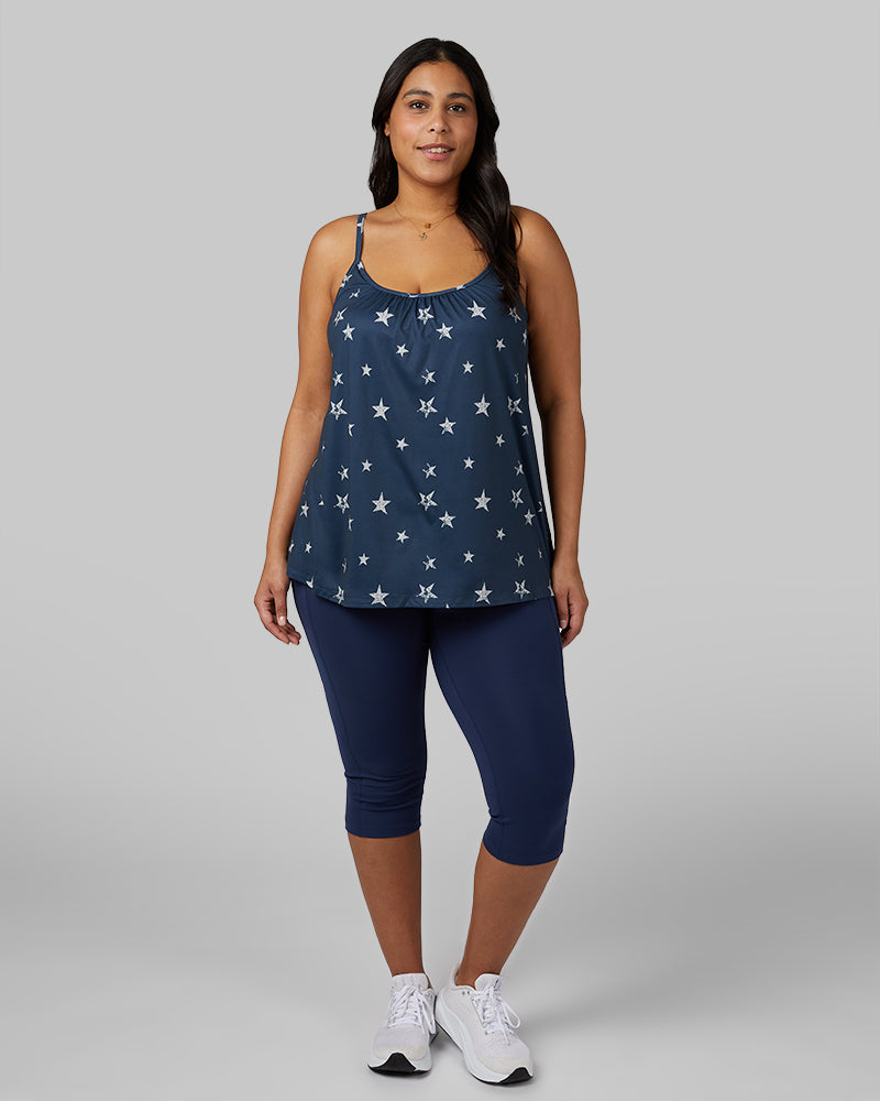 32 Degrees Midnight Navy Star _ Women's Cool Printed Flowy Bra Cami {model: Aimee is 5'9"and size 12 wearing size L}{bottom}{right} {bottom}{right}