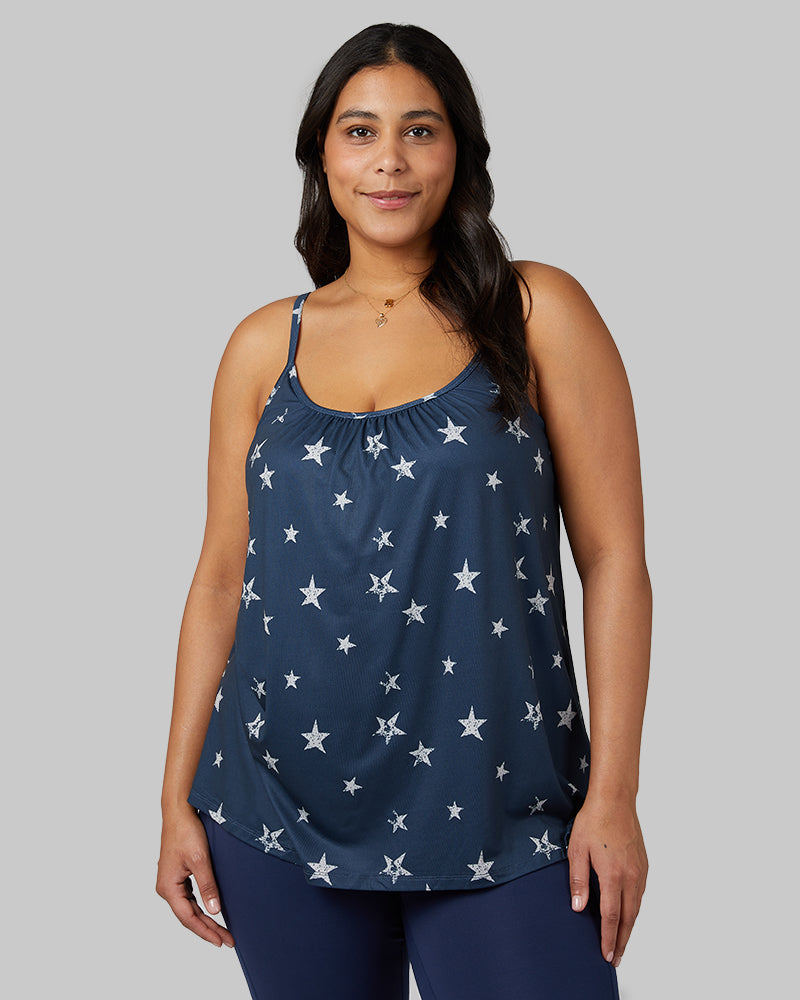 32 Degrees Midnight Navy Star _ Women's Cool Printed Flowy Bra Cami {model: Aimee is 5'9"and size 12 wearing size L}{bottom}{right} {bottom}{right}