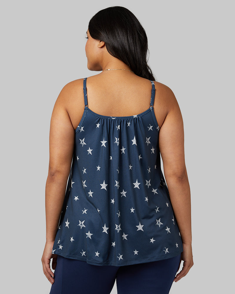 32 Degrees Midnight Navy Star _ Women's Cool Printed Flowy Bra Cami {model: Aimee is 5'9"and size 12 wearing size L}{bottom}{right} {bottom}{right}