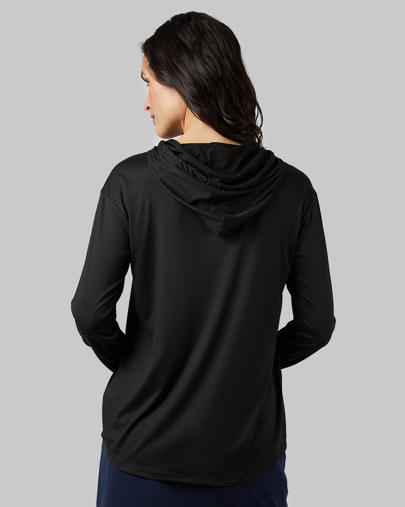 32 Degrees Black _ Women's Cool Long sleeve Hooded T-shirt {model: Scarlett is 5'10"and size 4, wearing size S}{bottom}{right} {bottom}{right}