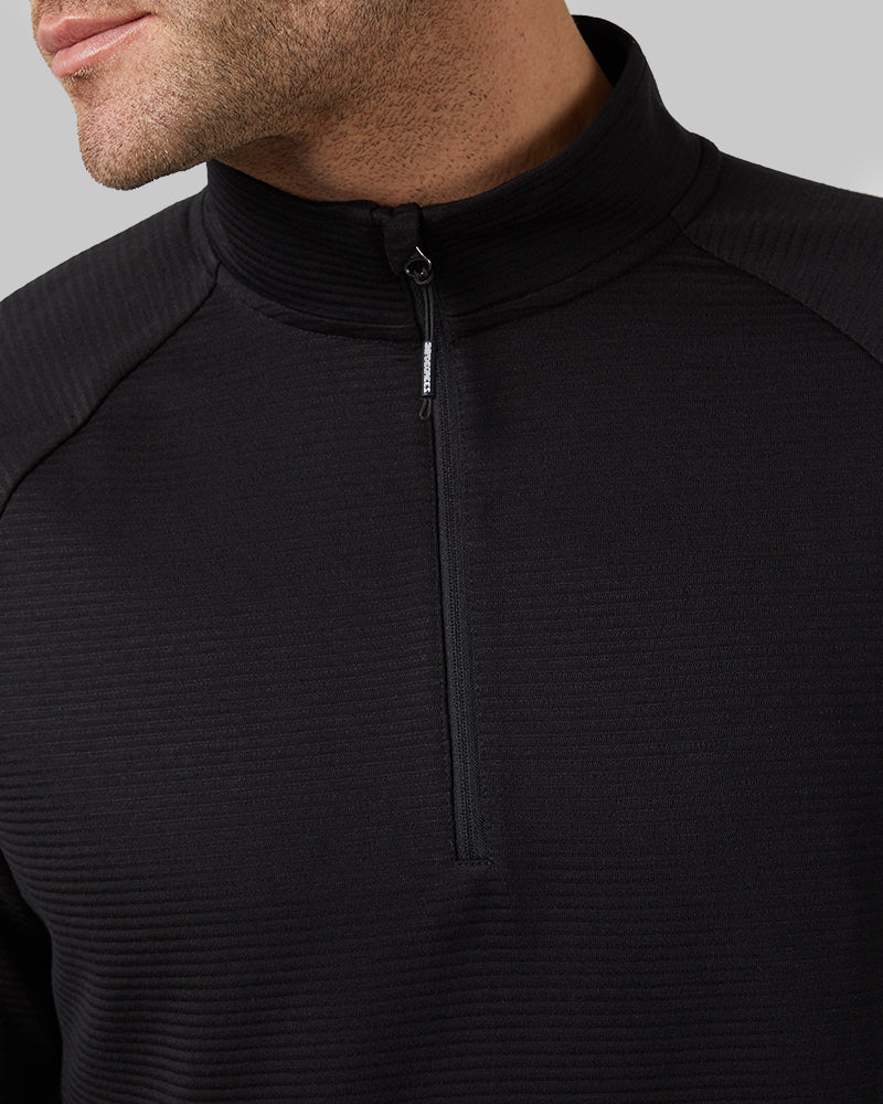 32 Degrees Black _ Men's sport Motion 1/4 Zip Top {model: Ethan is 6'2", wearing size M}{bottom}{right} {bottom}{right}