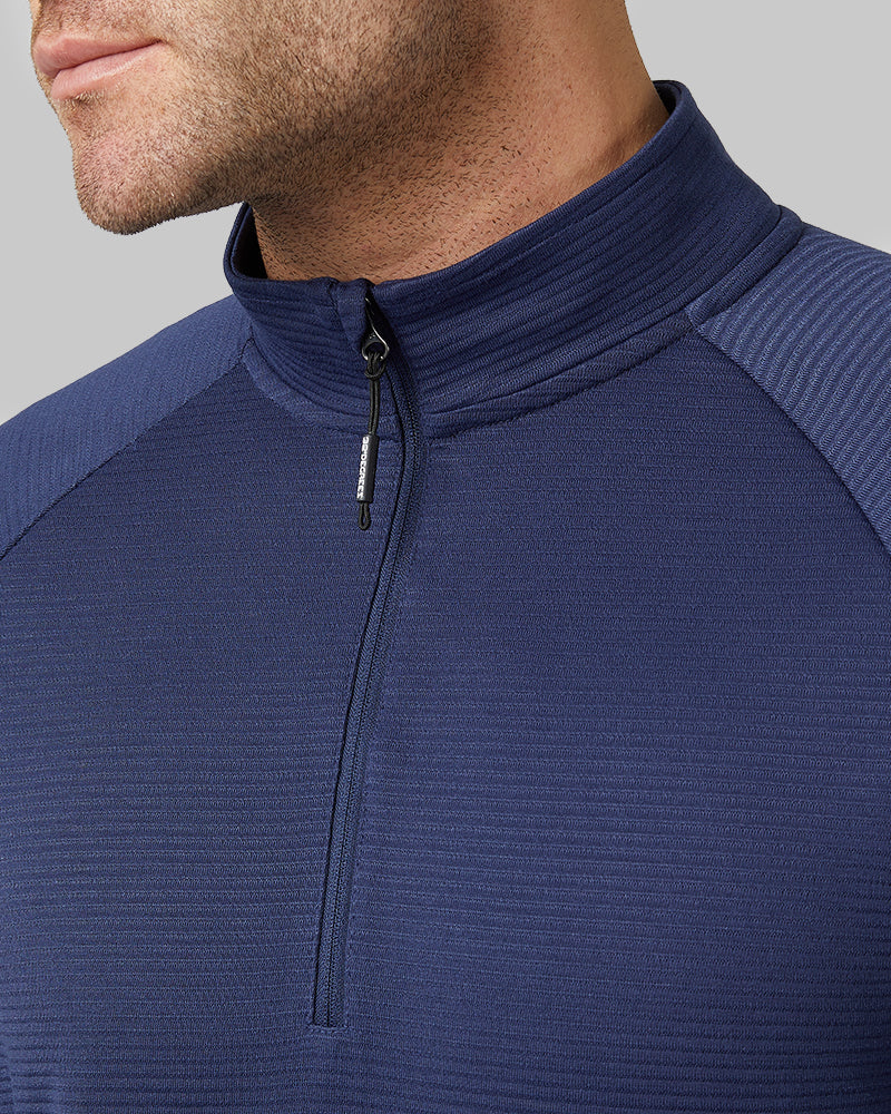 32 Degrees Navy Night _ Men's sport Motion 1/4 Zip Top {model: Ethan is 6'2", wearing size M}{bottom}{right} {bottom}{right}