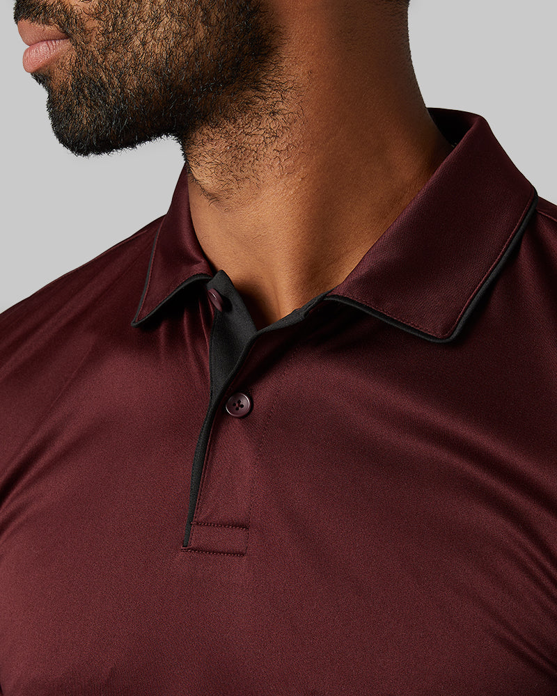 32 Degrees Oxblood _ Men's stretch Flow Tipped Polo {model: Nick is 6'3", wearing size M}{bottom}{right} {bottom}{right}