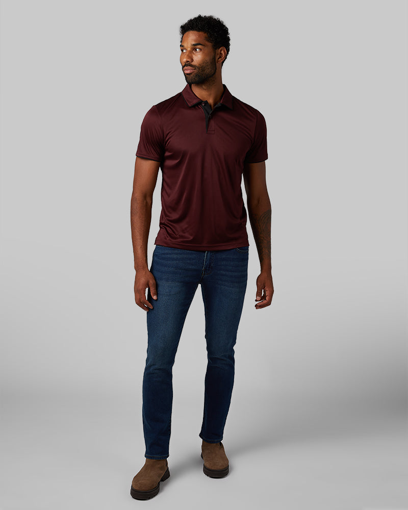 32 Degrees Oxblood _ Men's stretch Flow Tipped Polo {model: Nick is 6'3", wearing size M}{bottom}{right} {bottom}{right}