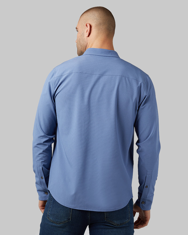 32 Degrees Harbor Blue _ Men's Casual Long sleeve Dress shirt {model: Ethan is 6'2", wearing size M}{bottom}{right} {bottom}{right}