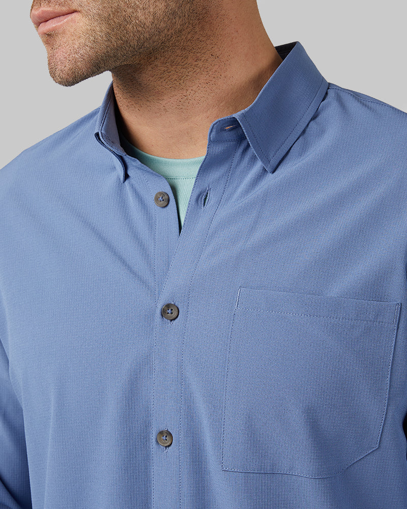 32 Degrees Harbor Blue _ Men's Casual Long sleeve Dress shirt {model: Ethan is 6'2", wearing size M}{bottom}{right} {bottom}{right}