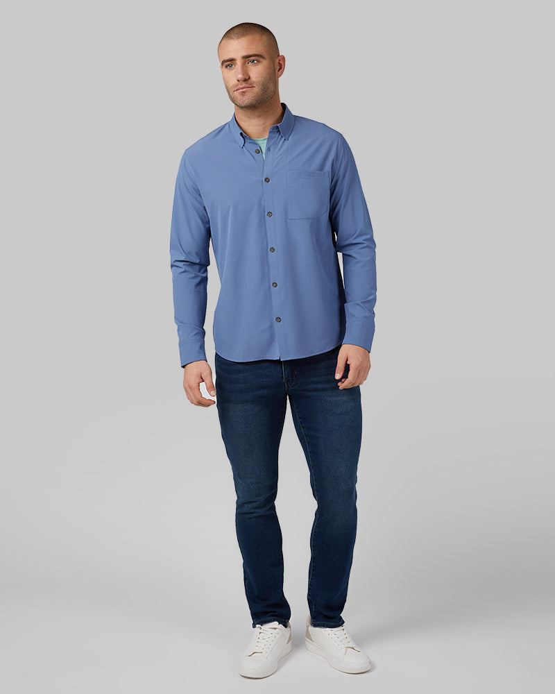 32 Degrees Harbor Blue _ Men's Casual Long sleeve Dress shirt {model: Ethan is 6'2", wearing size M}{bottom}{right} {bottom}{right}