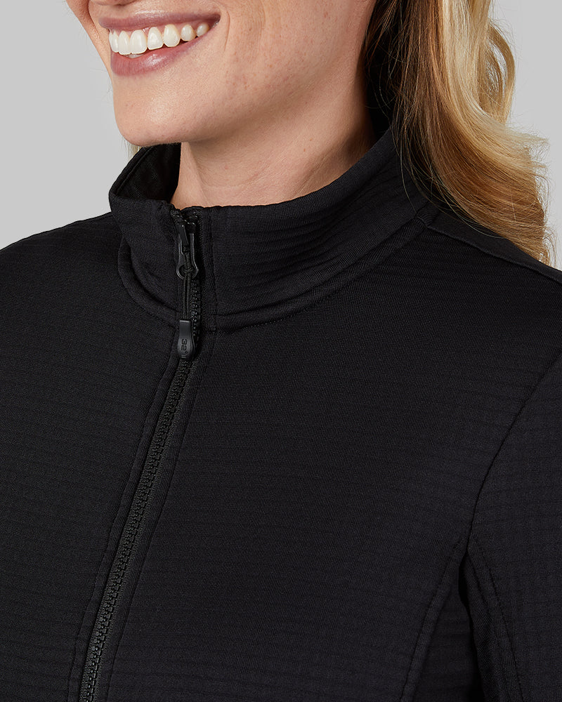 32 Degrees Black _ Women's Grid Tech Full-Zip {model: Shaina is 5'10"and size 4 wearing size S}{bottom}{right} {bottom}{right}