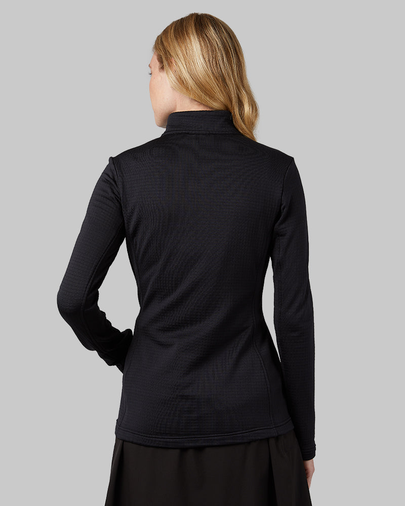 32 Degrees Black _ Women's Grid Tech Full-Zip {model: Shaina is 5'10"and size 4 wearing size S}{bottom}{right} {bottom}{right}