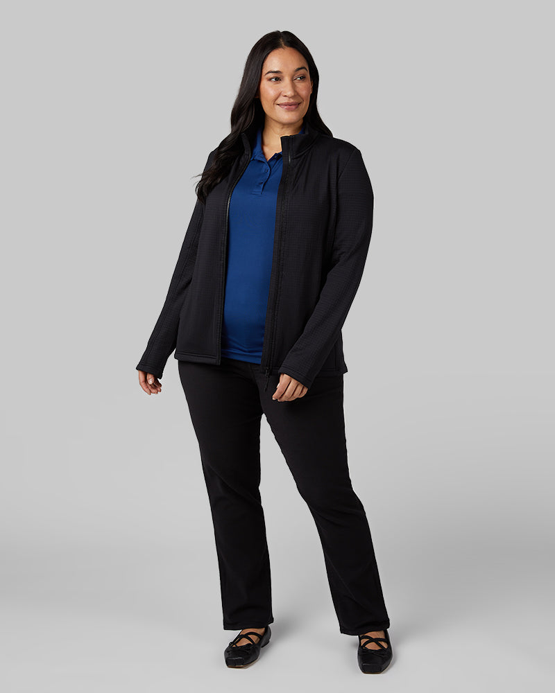 32 Degrees Black _ Women's Grid Tech Full-Zip {model: Amanda is 5'8"and size 14 wearing size L}{bottom}{right} {bottom}{right}