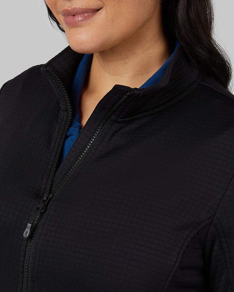 32 Degrees Black _ Women's Grid Tech Full-Zip {model: Amanda is 5'8"and size 14 wearing size L}{bottom}{right} {bottom}{right}