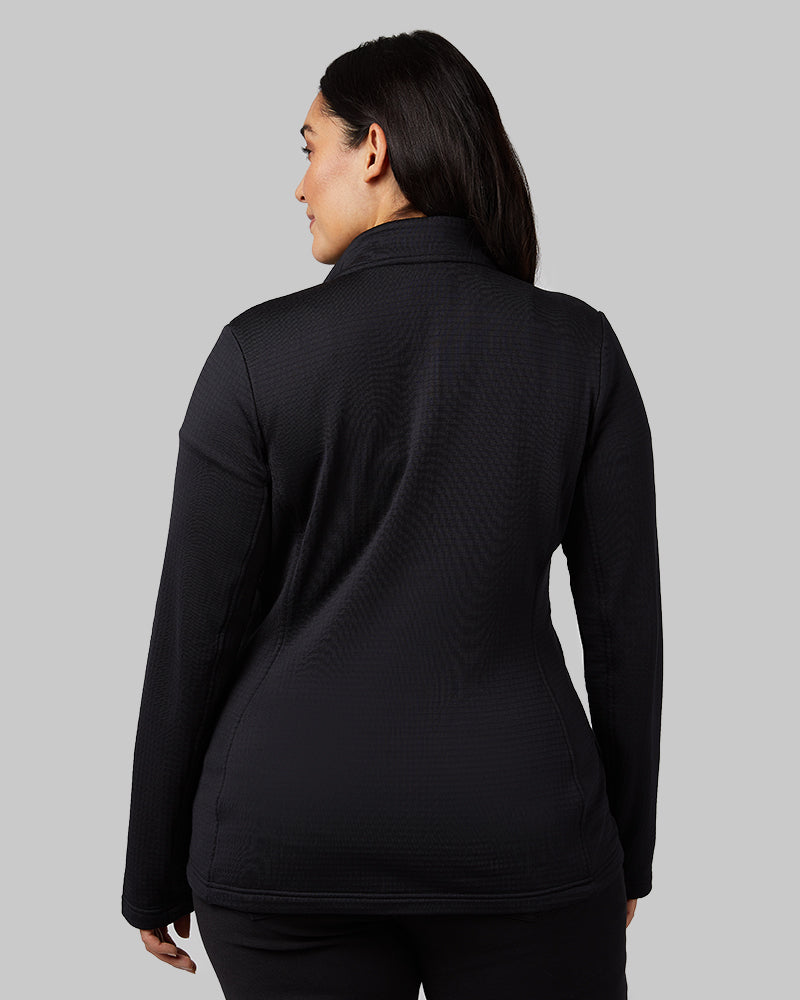 32 Degrees Black _ Women's Grid Tech Full-Zip {model: Amanda is 5'8"and size 14 wearing size L}{bottom}{right} {bottom}{right}
