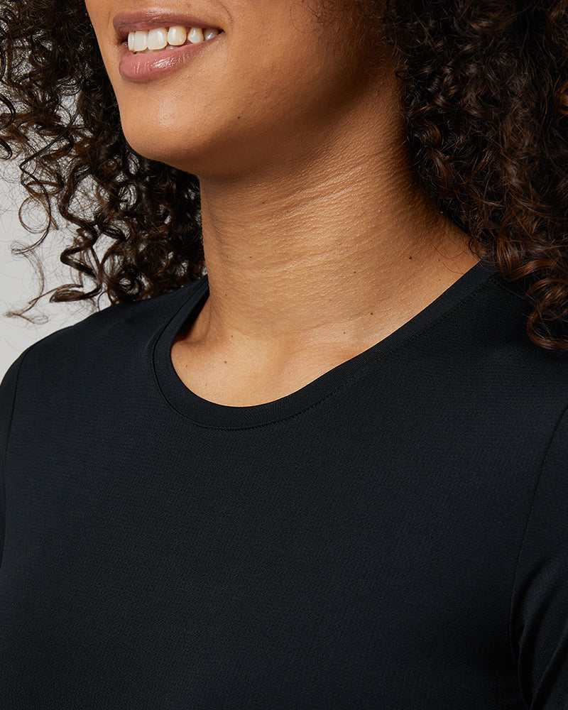 32 Degrees Black _ Women's Air Mesh Long sleeve T-shirt {model: Alexis is 5'6"and size 4-6 wearing size S}{bottom}{right} {bottom}{right}