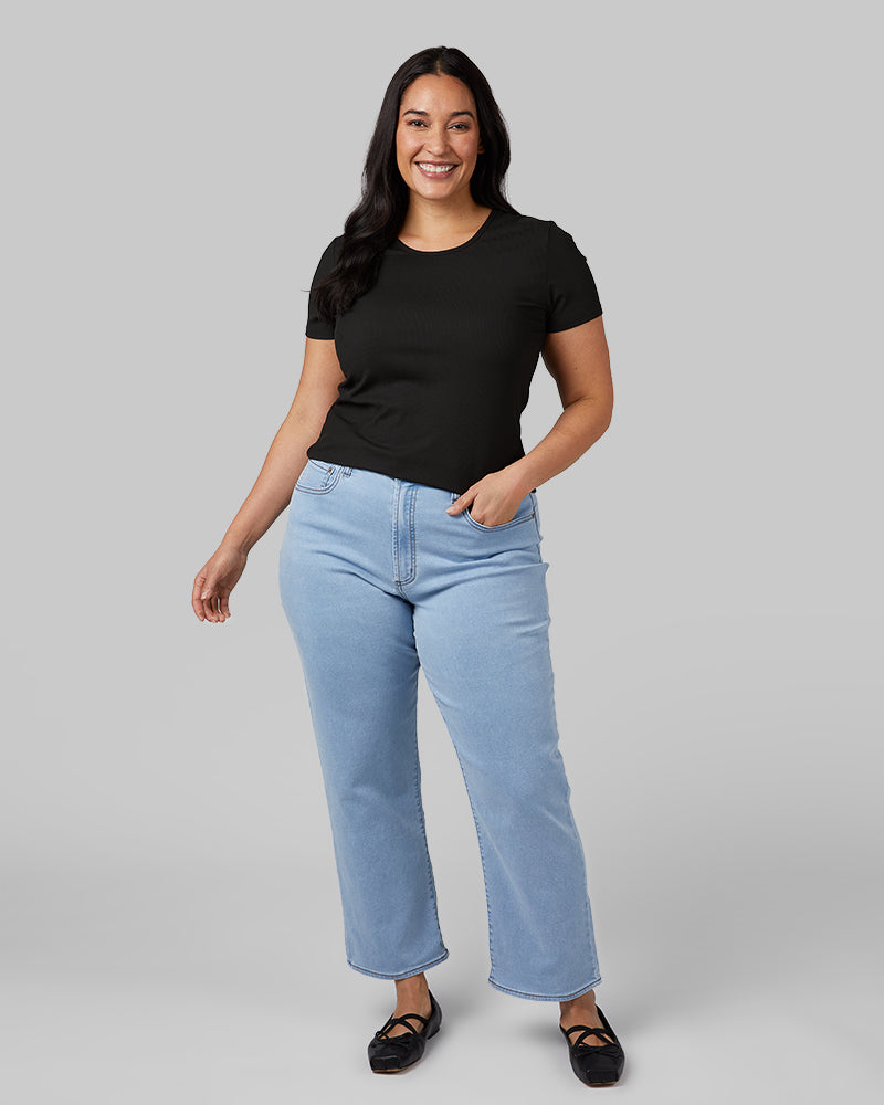 32 Degrees Black _ Women's soft Rib Fitted T-shirt {model: Amanda is 5'8"and size 14 wearing size L}{bottom}{right} {bottom}{right}