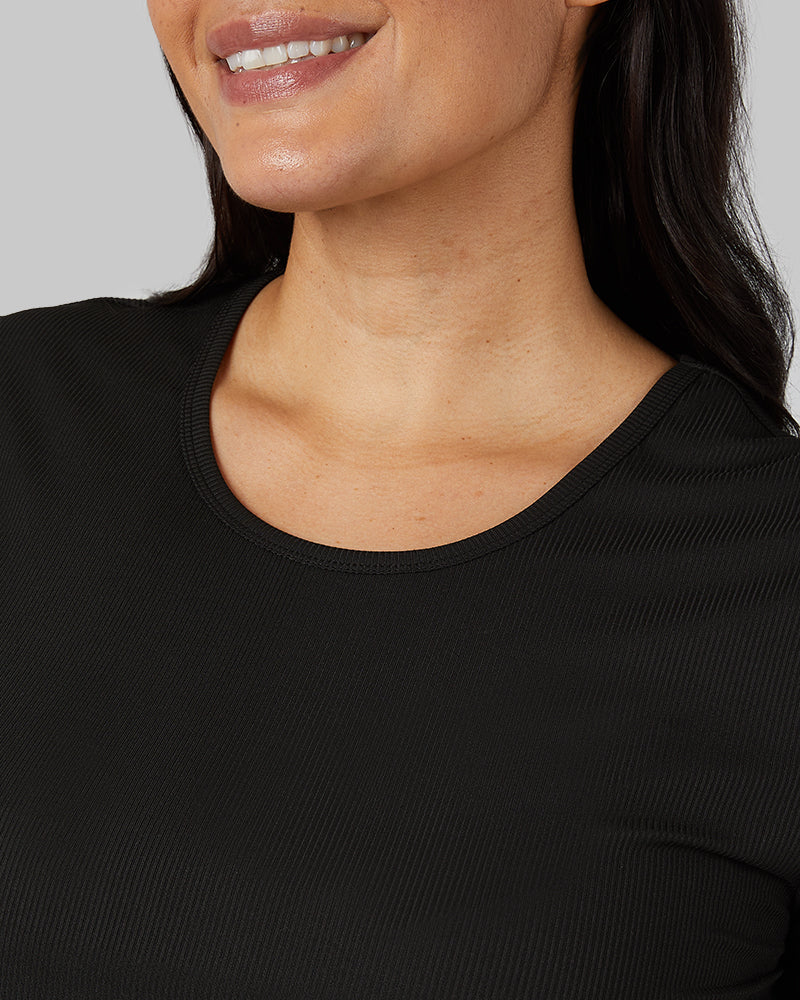 32 Degrees Black _ Women's soft Rib Fitted T-shirt {model: Amanda is 5'8"and size 14 wearing size L}{bottom}{right} {bottom}{right}