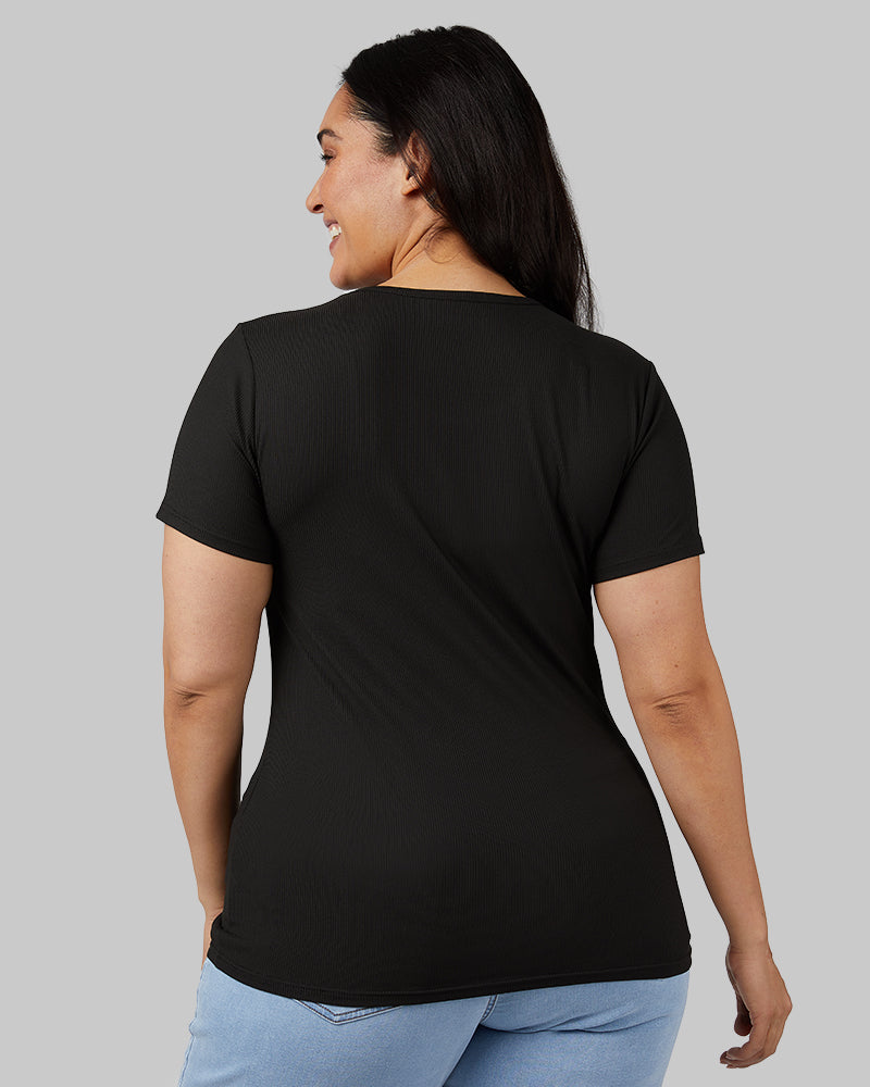 32 Degrees Black _ Women's soft Rib Fitted T-shirt {model: Amanda is 5'8"and size 14 wearing size L}{bottom}{right} {bottom}{right}