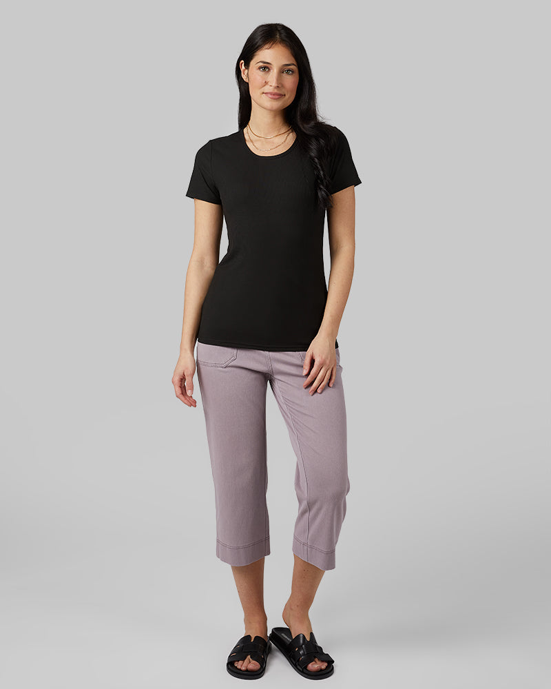 32 Degrees Black _ Women's soft Rib Fitted T-shirt {model: Monica is 5'8"and size 4 wearing size S}{bottom}{right} {bottom}{right}