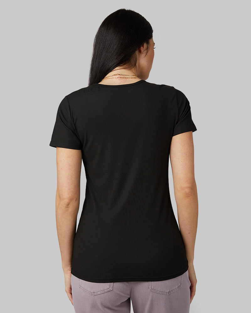 32 Degrees Black _ Women's soft Rib Fitted T-shirt {model: Monica is 5'8"and size 4 wearing size S}{bottom}{right} {bottom}{right}