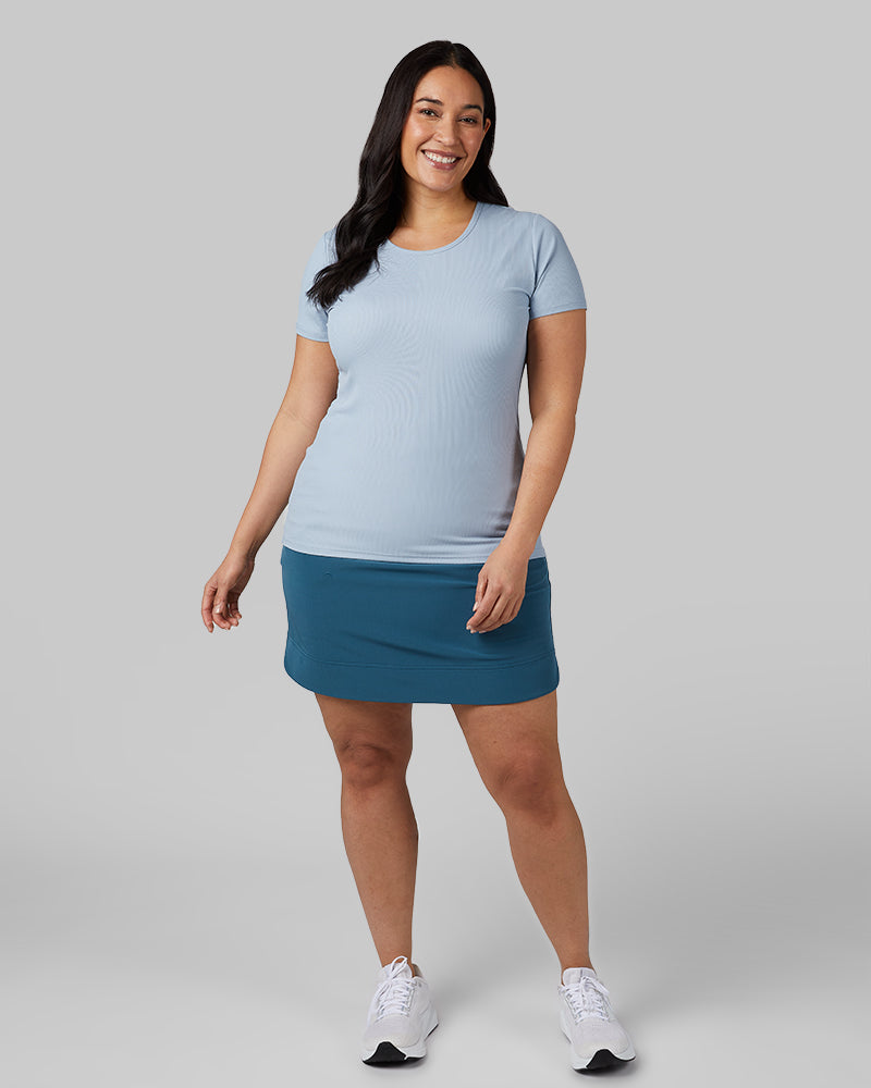 32 Degrees Blue Fog _ Women's soft Rib Fitted T-shirt {model: Amanda is 5'8"and size 14 wearing size L}{bottom}{right} {bottom}{right}