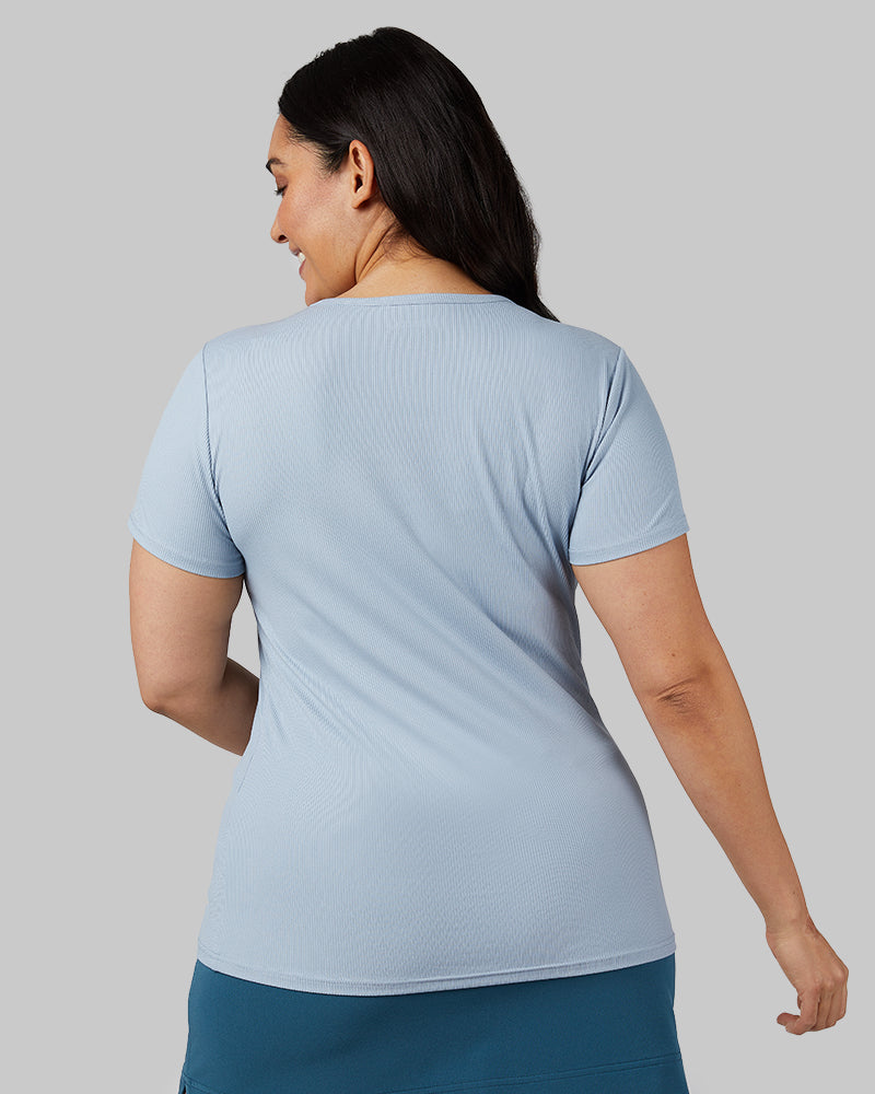 32 Degrees Blue Fog _ Women's soft Rib Fitted T-shirt {model: Amanda is 5'8"and size 14 wearing size L}{bottom}{right} {bottom}{right}