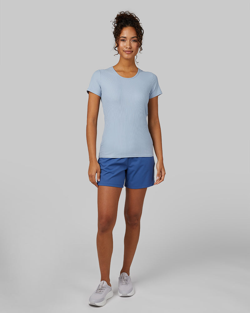 32 Degrees Blue Fog _ Women's soft Rib Fitted T-shirt {model: Meli is 5'9"and size 4 wearing size S}{bottom}{right} {bottom}{right}