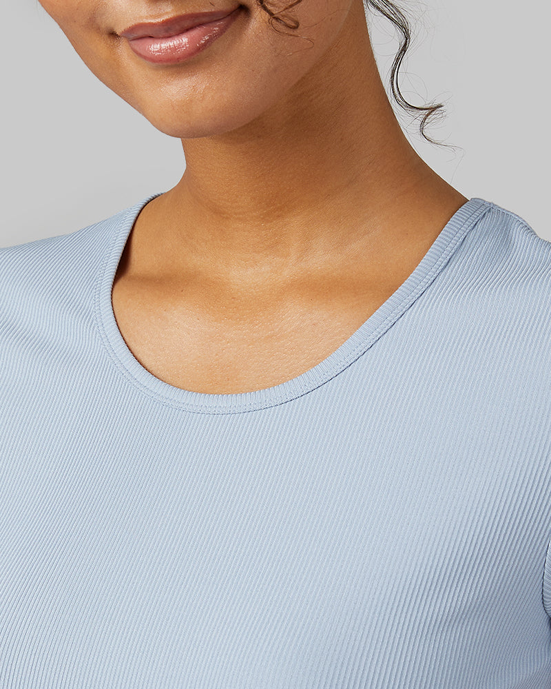 32 Degrees Blue Fog _ Women's soft Rib Fitted T-shirt {model: Meli is 5'9"and size 4 wearing size S}{bottom}{right} {bottom}{right}
