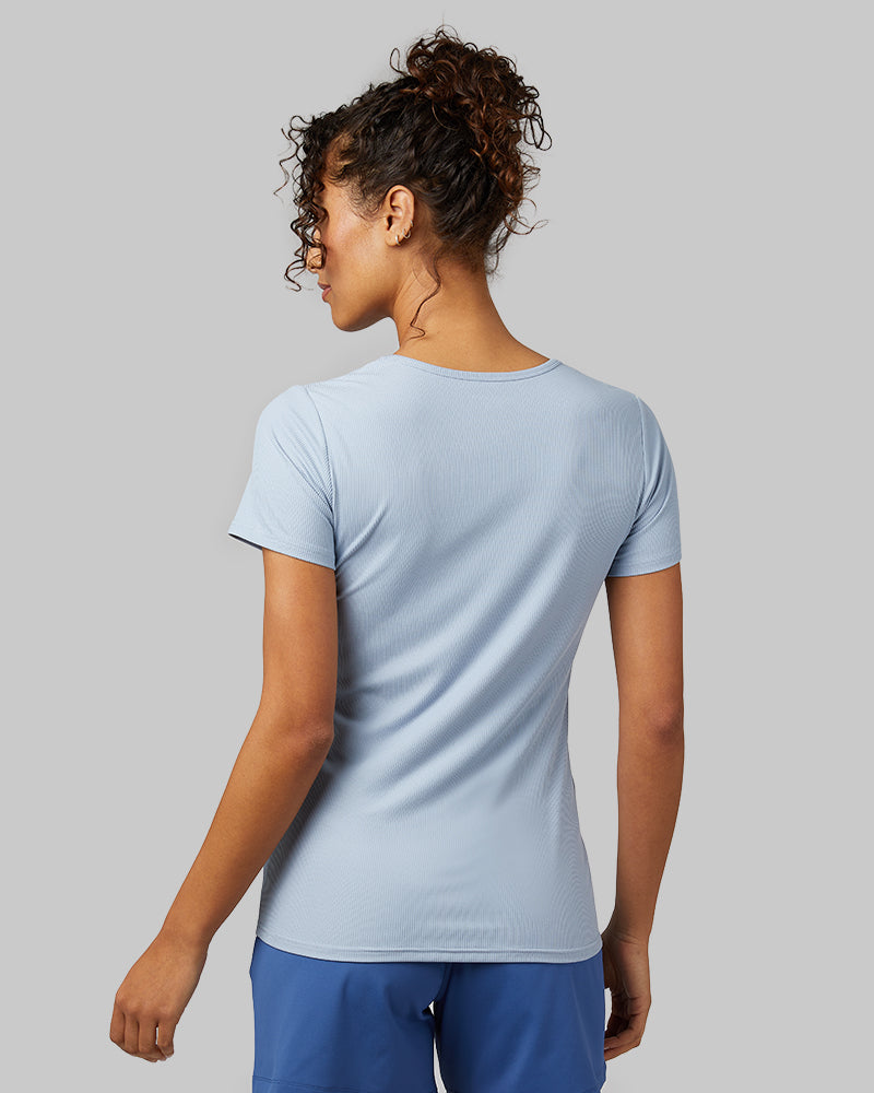 32 Degrees Blue Fog _ Women's soft Rib Fitted T-shirt {model: Meli is 5'9"and size 4 wearing size S}{bottom}{right} {bottom}{right}