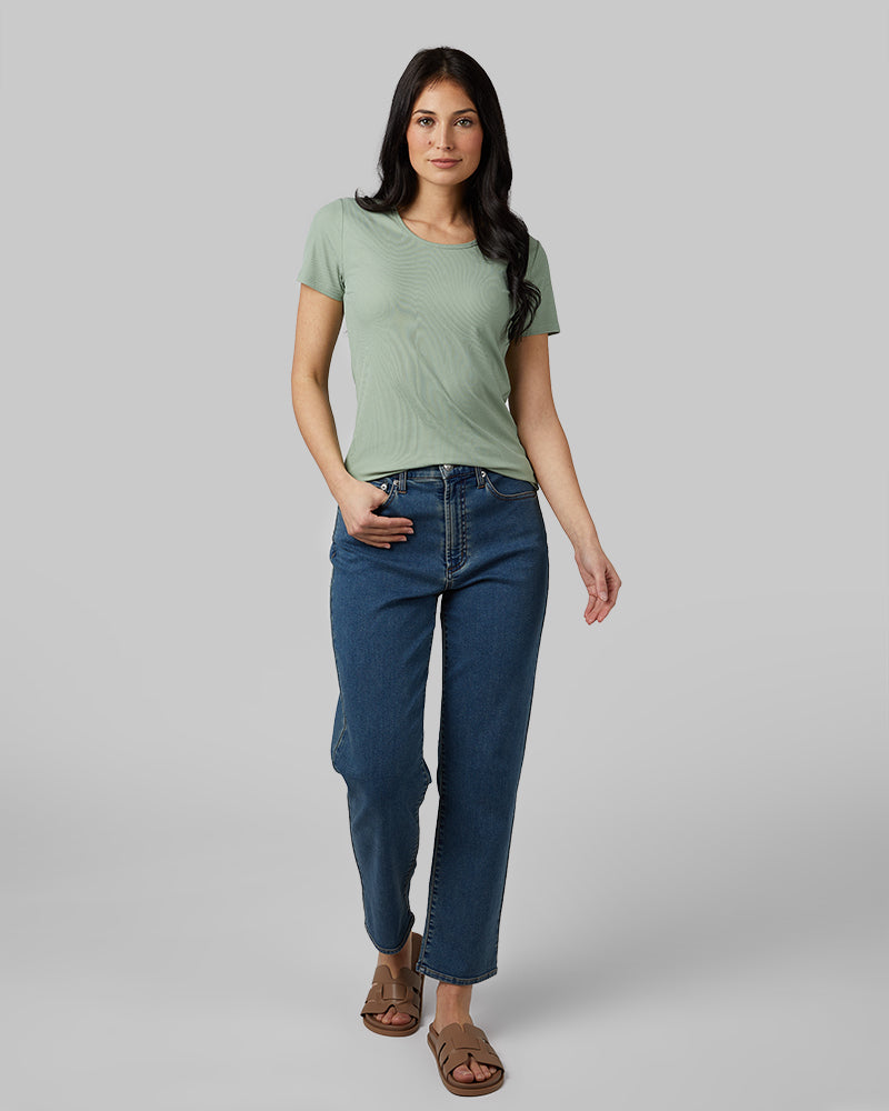 32 Degrees Greenbay _ Women's soft Rib Fitted T-shirt {model: Monica is 5'8"and size 4 wearing size S}{bottom}{right} {bottom}{right}