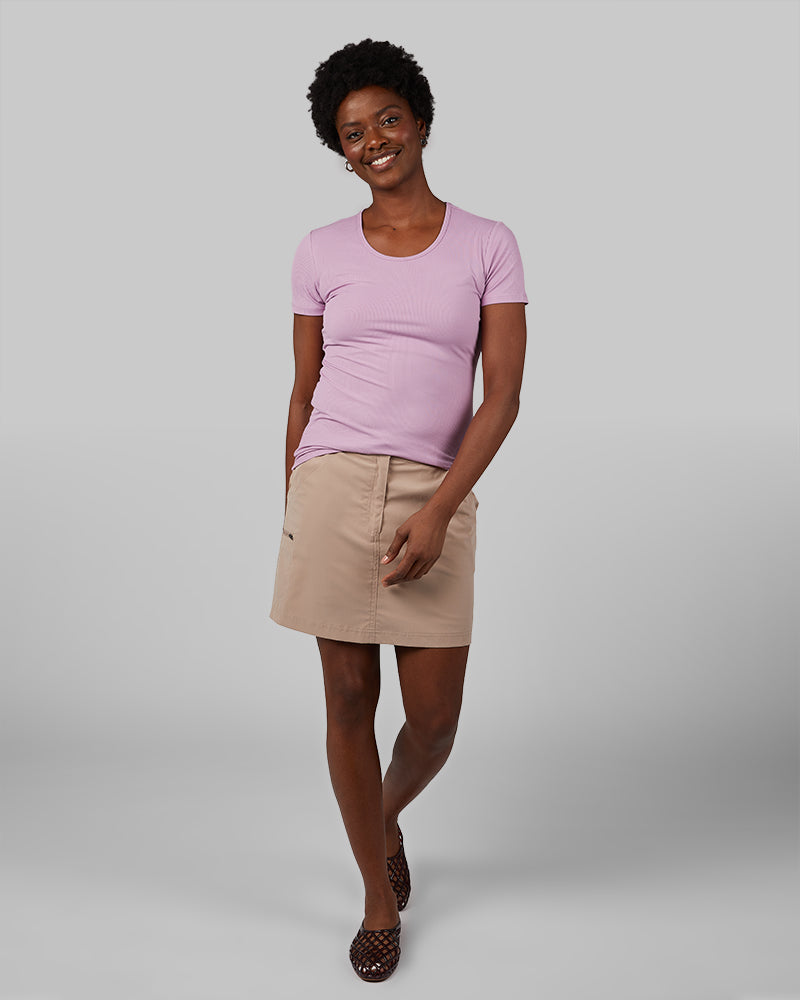 32 Degrees Lavender Herb _ Women's soft Rib Fitted T-shirt {model: Wemi is 5'10"and size 2-4 wearing size S}{bottom}{right} {bottom}{right}