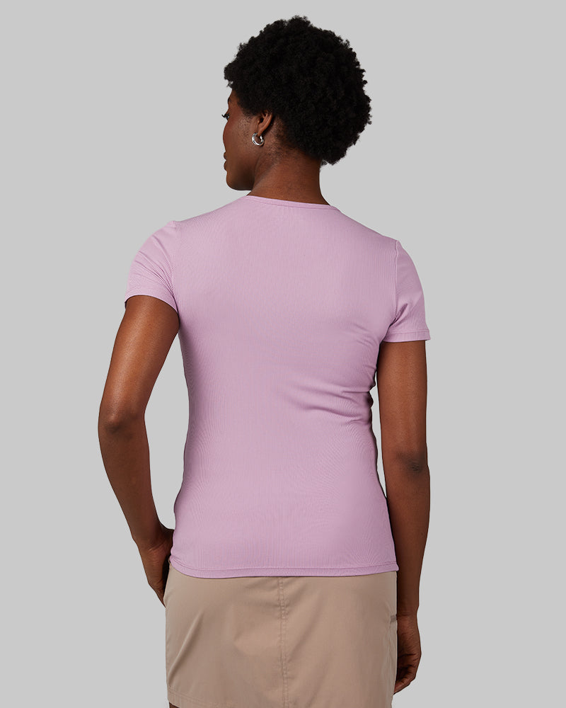 32 Degrees Lavender Herb _ Women's soft Rib Fitted T-shirt {model: Wemi is 5'10"and size 2-4 wearing size S}{bottom}{right} {bottom}{right}