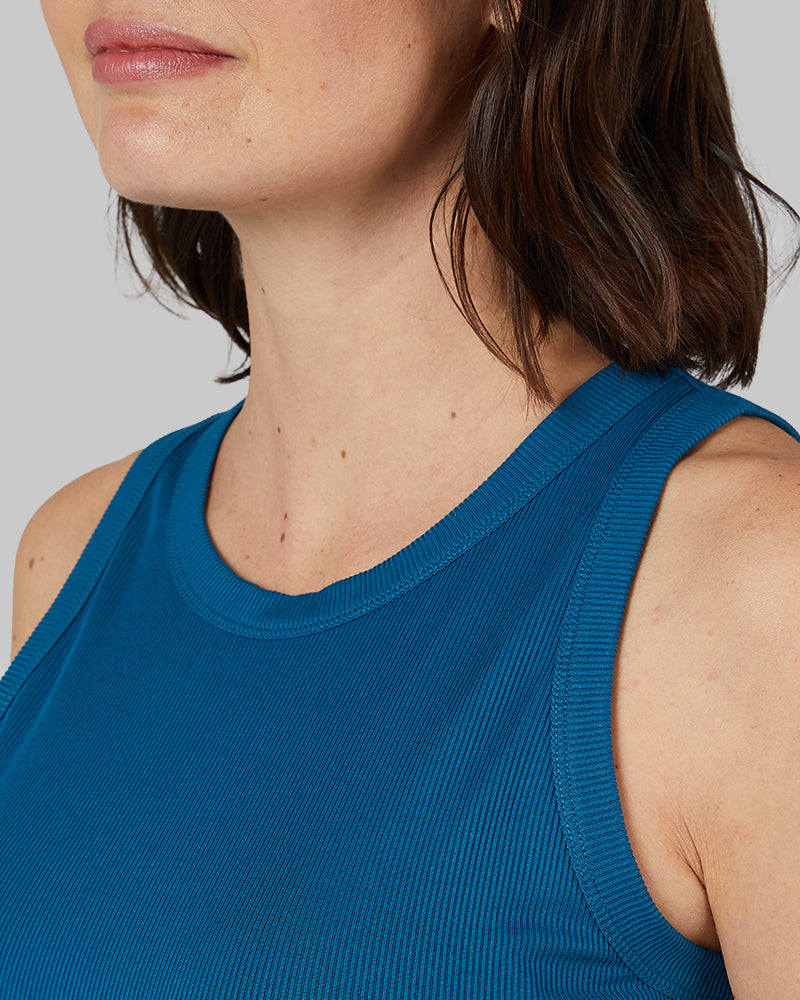 32 Degrees Moroccan Blue _ Women's soft Rib High Neck Tank {model: Debora is 5'9"and size 4 wearing size S}{bottom}{right} {bottom}{right}