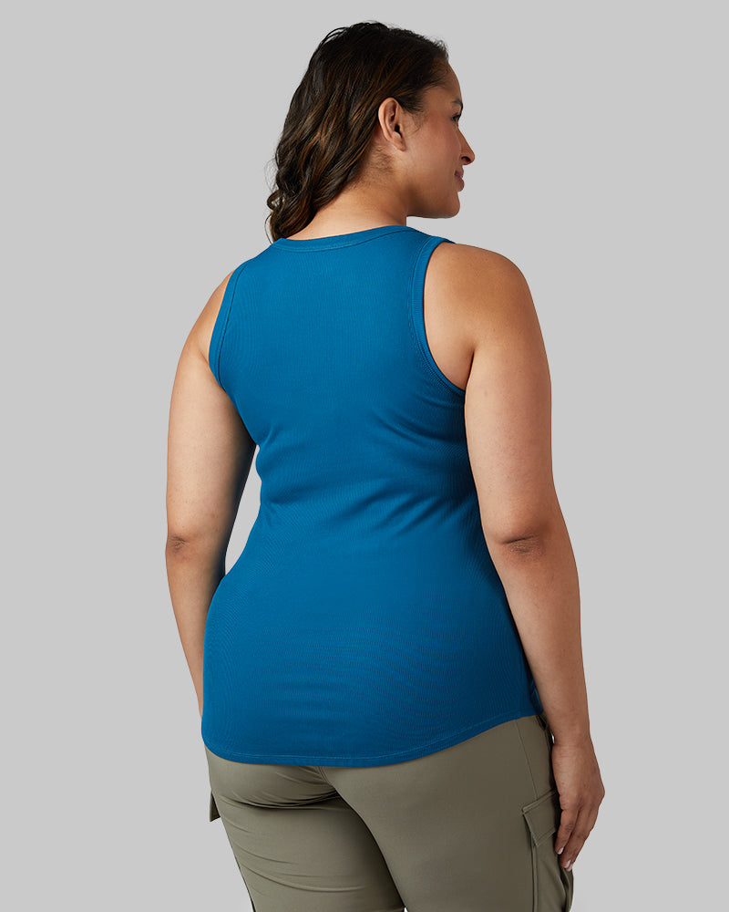32 Degrees Moroccan Blue _ Women's soft Rib High Neck Tank {model: Madison is 5'9 and size 16 wearing size XL}{bottom}{right} {bottom}{right}