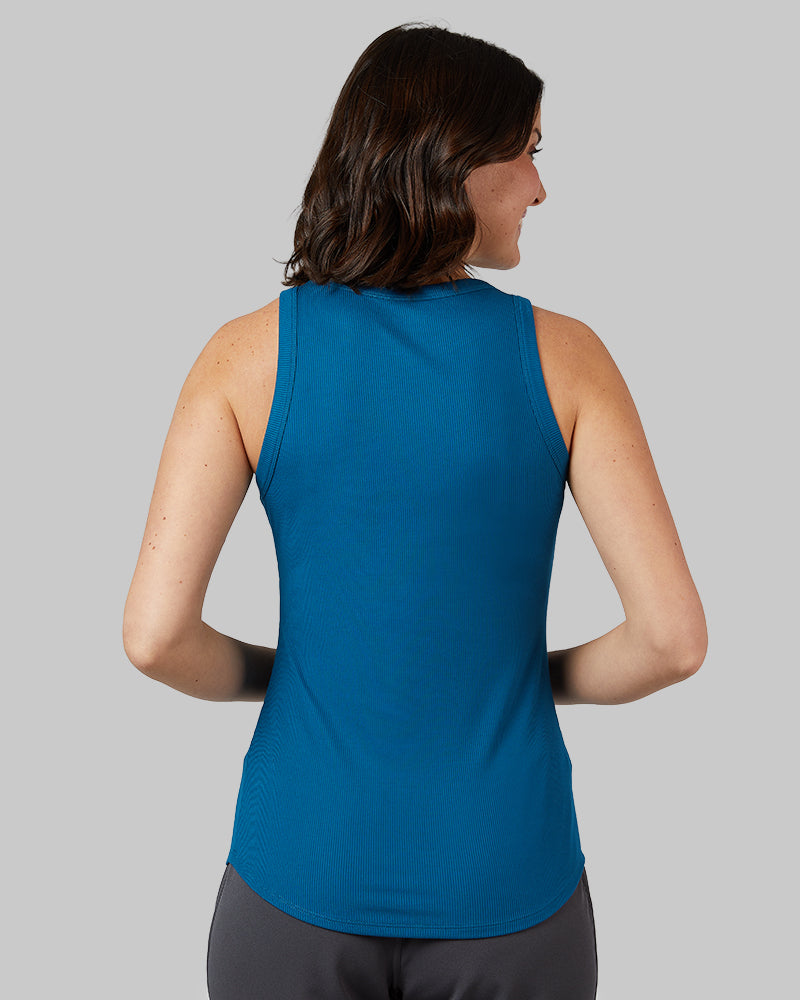 32 Degrees Moroccan Blue _ Women's soft Rib High Neck Tank {model: Debora is 5'9"and size 4 wearing size S}{bottom}{right} {bottom}{right}