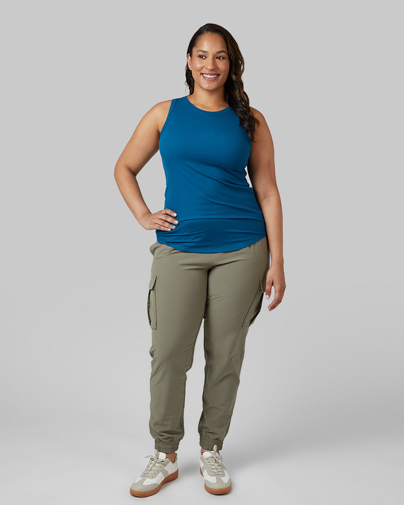 32 Degrees Moroccan Blue _ Women's soft Rib High Neck Tank {model: Madison is 5'9 and size 16 wearing size XL}{bottom}{right} {bottom}{right}