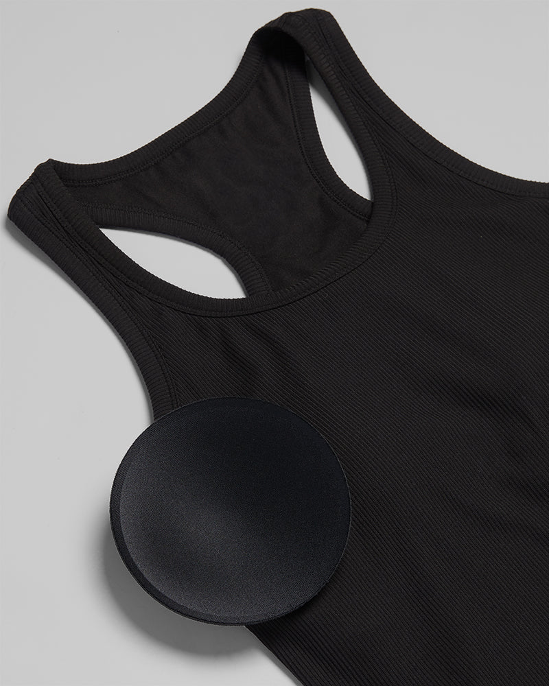 32 Degrees Black _ Women's soft Rib Racerback Bra Tank {model: Sandrine is 5'9"and size 4 wearing size S}{bottom}{right} {bottom}{right}