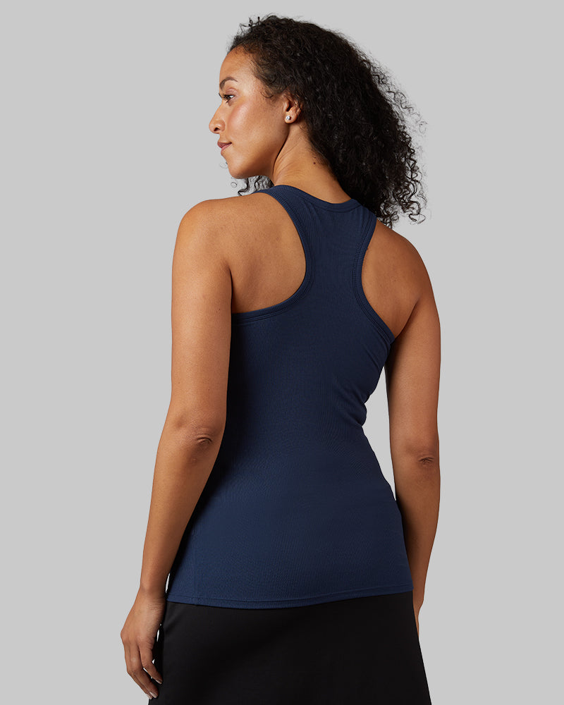 32 Degrees Inky Indigo _ Women's soft Rib Racerback Bra Tank {model: Malika is 5'7"and size 12 wearing size L}{bottom}{right} {bottom}{right}