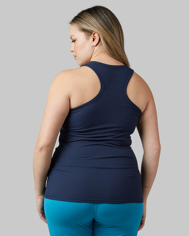 32 Degrees Inky Indigo _ Women's soft Rib Racerback Bra Tank {model: Allison is 5'9"and size 14 wearing size L}{bottom}{right} {bottom}{right}